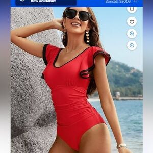 Red and Black Ruffled Bodysuit One Piece